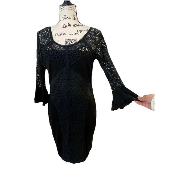 FREE PEOPLE BODYCON DRESS CROCHET LACE BLACK SZ M BELL SLEEVE GOTHCORE WHIMSICAL - Picture 14 of 16
